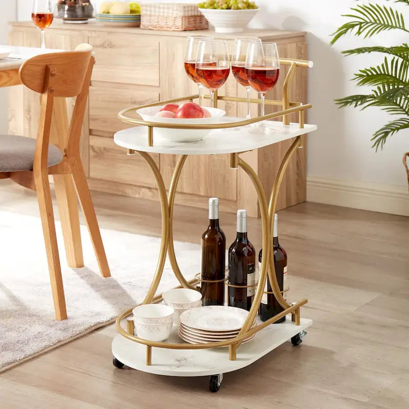 2-Tier Bar Cart on Wheels, Modern Mobile Bar Trolley Serving Cart with Wine Rack, White+Gold