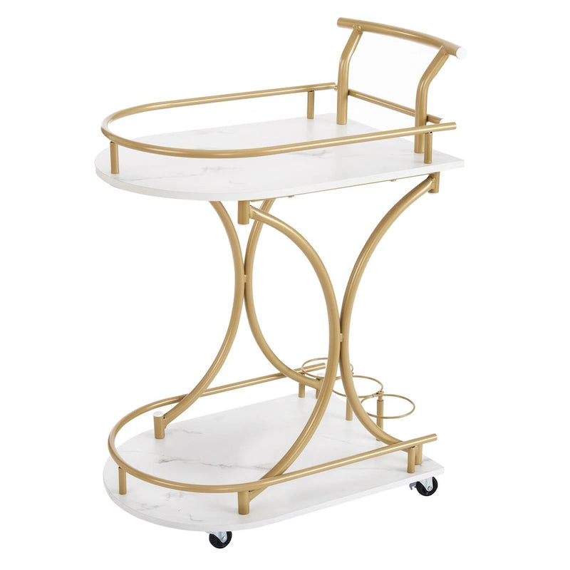 2-Tier Bar Cart on Wheels, Modern Mobile Bar Trolley Serving Cart with Wine Rack, White+Gold