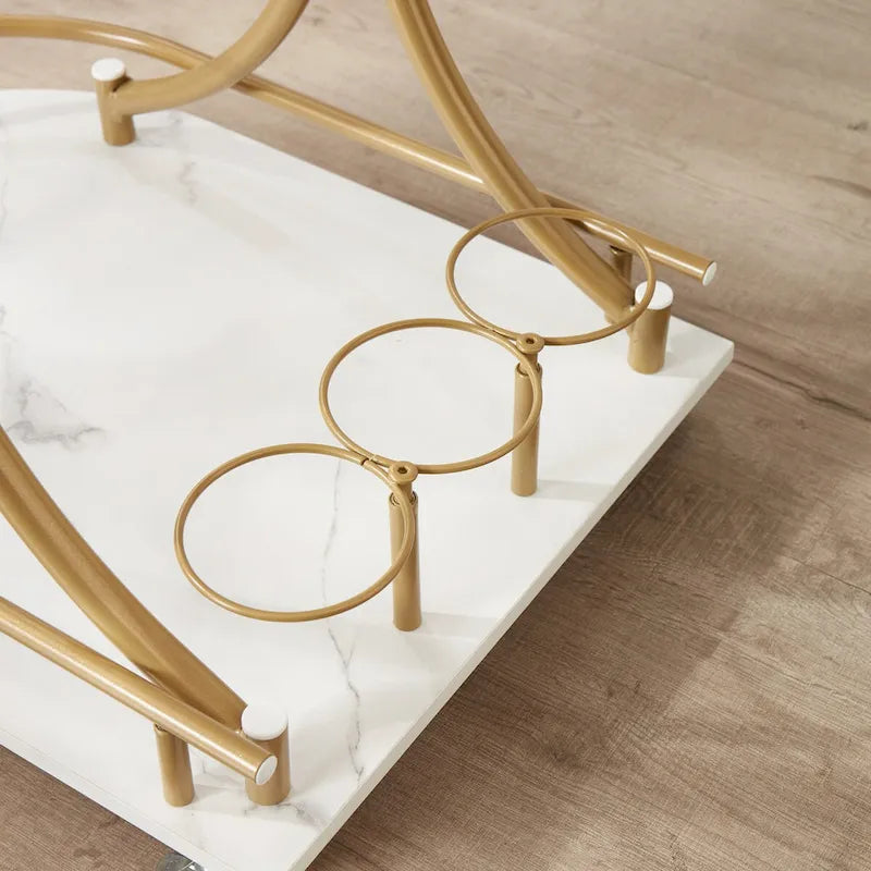 2-Tier Bar Cart on Wheels, Modern Mobile Bar Trolley Serving Cart with Wine Rack, White+Gold