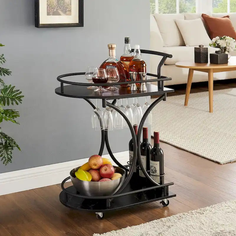 Black Wood Kitchen Cart with Wine Rack & Glass Holder Beverage Cart 2-Tier Mobile Bar Serving Cart Rolling Drink Trolley