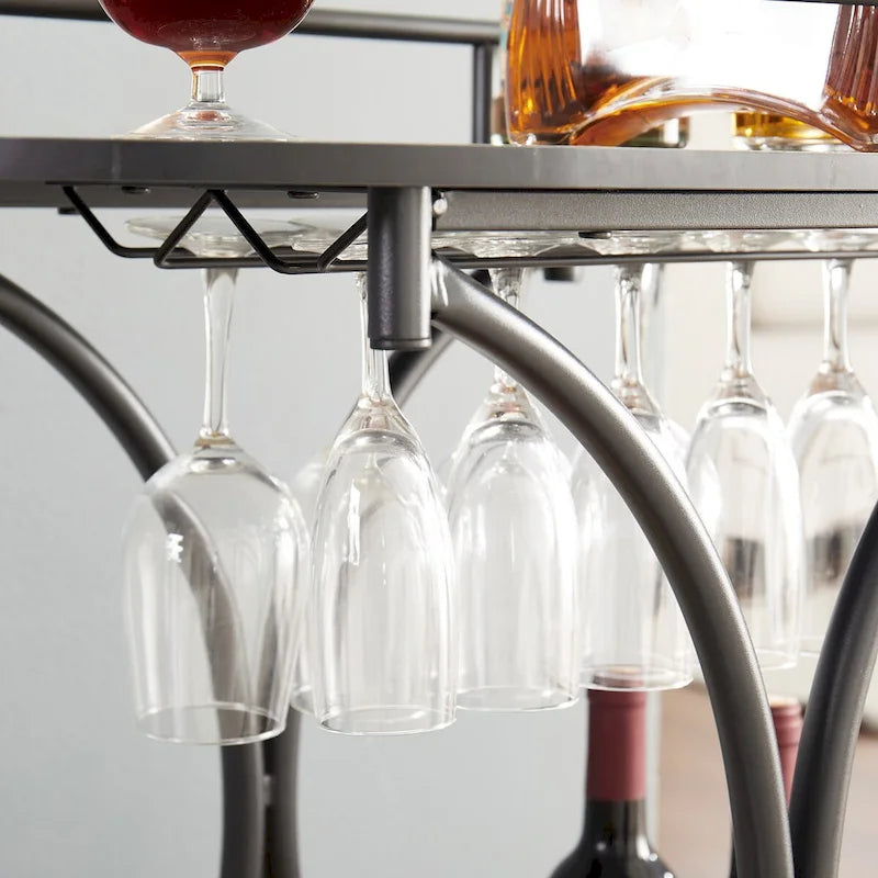 Black Wood Kitchen Cart with Wine Rack & Glass Holder Beverage Cart 2-Tier Mobile Bar Serving Cart Rolling Drink Trolley