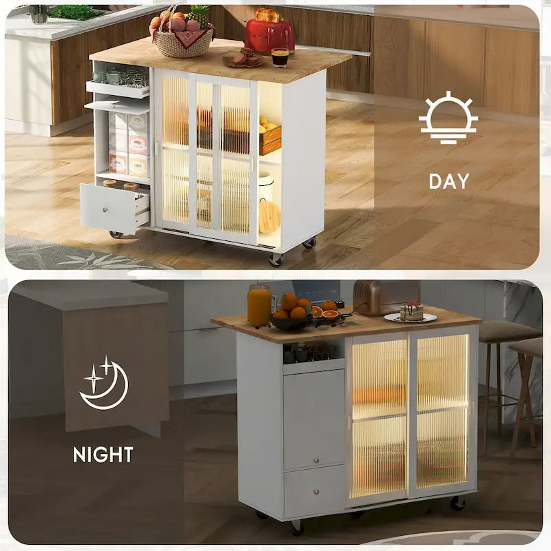 Kitchen Island with Drop Leaf, LED Light