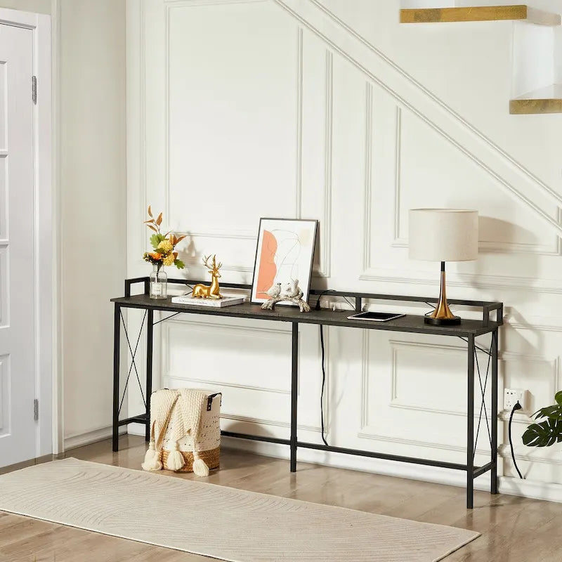 Javlergo 5-Piece Console Table and Stool Set, 55.1 Sofa Table with USB Charging Station and 4 Adjustable Swivel Chairs