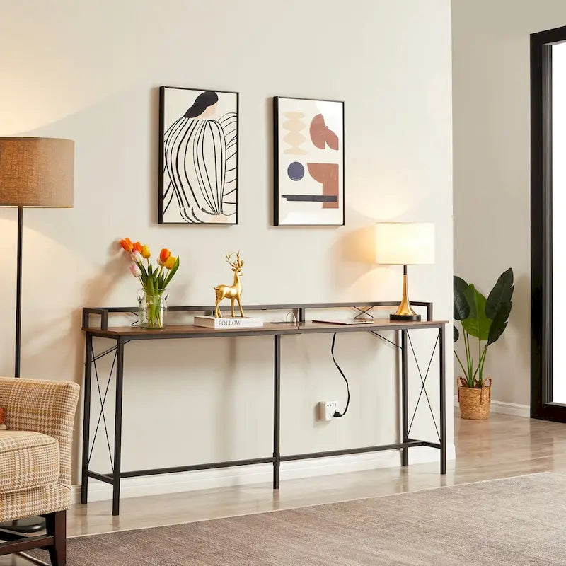 Javlergo 5-Piece Console Table and Stool Set, 55.1 Sofa Table with USB Charging Station and 4 Adjustable Swivel Chairs