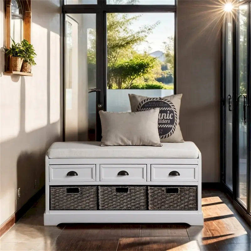 Wood Storage Bench with 3 Drawers and 3 Baskets