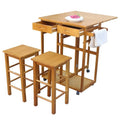 Square Solid Wood Folding Dining Kitchen Cart with 2 Free Stools Brown