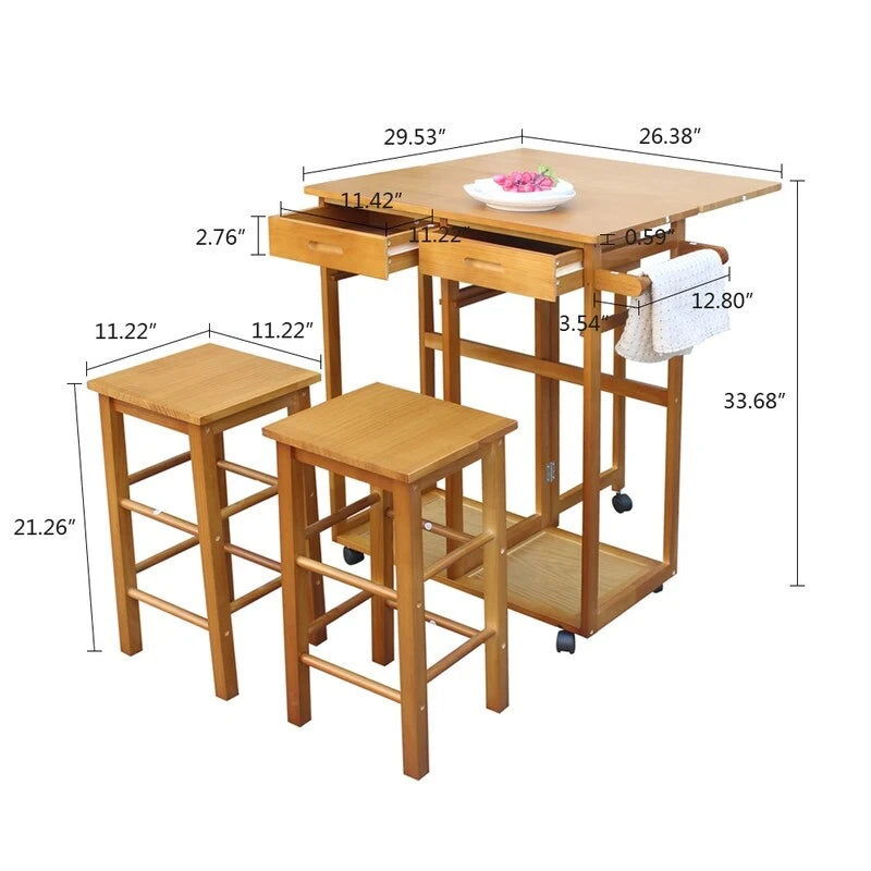 Square Solid Wood Folding Dining Kitchen Cart with 2 Free Stools Brown