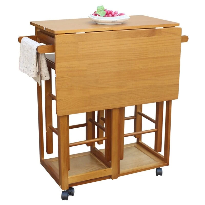 Square Solid Wood Folding Dining Kitchen Cart with 2 Free Stools Brown