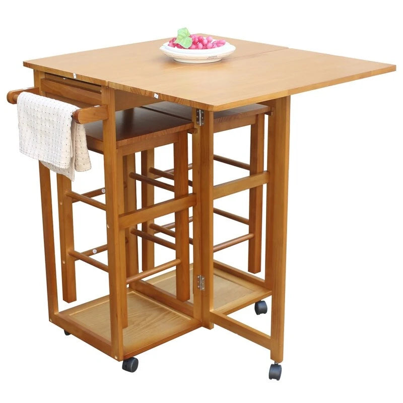 Square Solid Wood Folding Dining Kitchen Cart with 2 Free Stools Brown