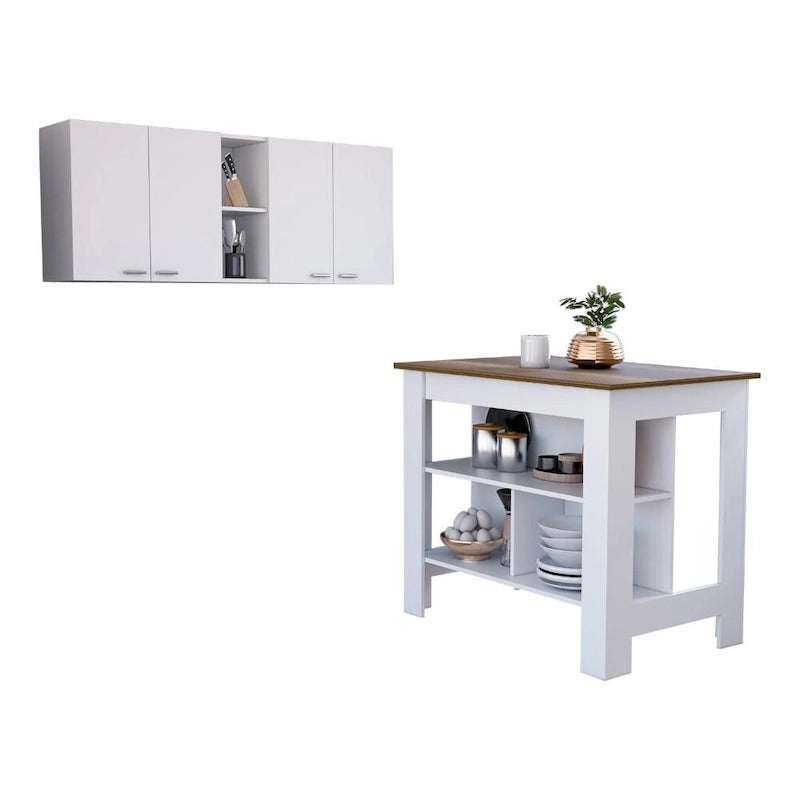 Sierra 7-Shelf 4-Door 2-piece Kitchen Set, Upper Wall Cabinet and Kitchen Island White and Light Oak