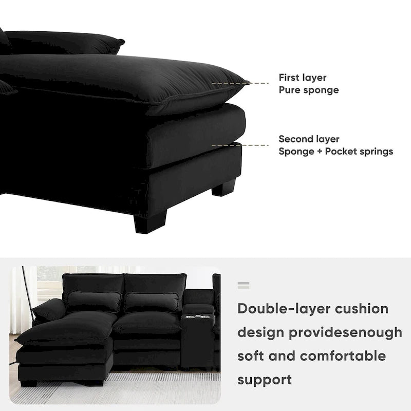 Modern U-shaped Sofa with Console,Cupholders and USB Ports,6-seat Upholstered Symmetrical Indoor Furniture,Black
