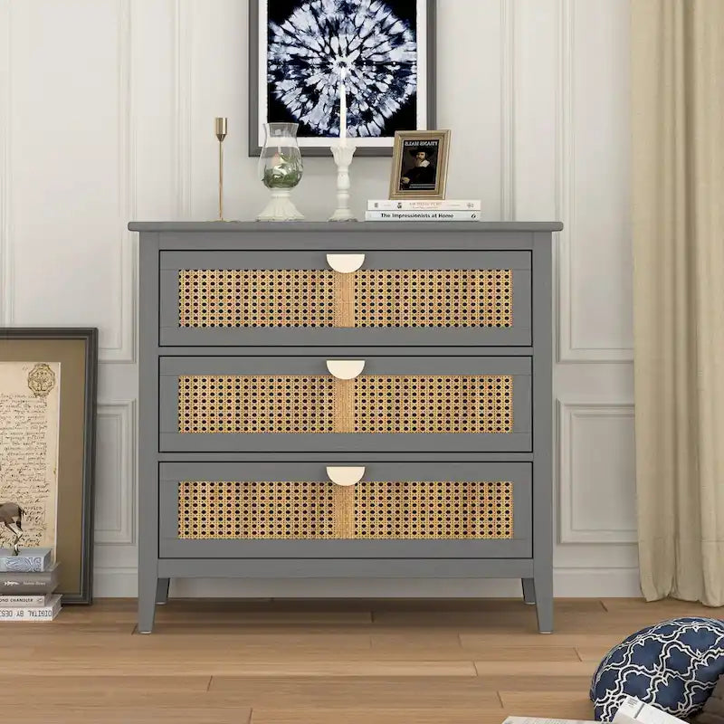 3 Drawer Cabinet,Natural rattan,American Furniture,Suitable for bedroom, living room, study
