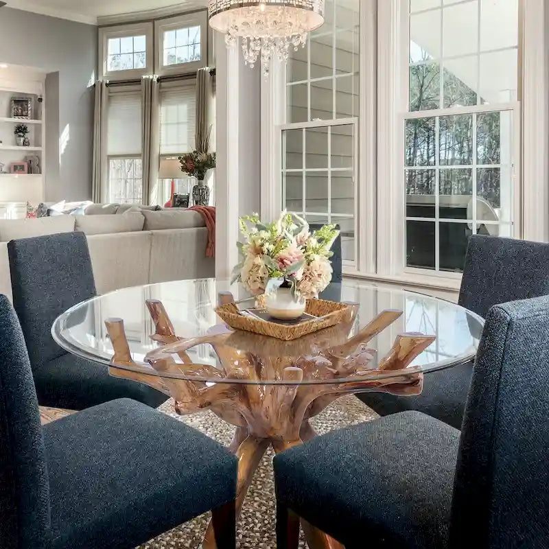 Chic Teak Rustic Teak Wood Root Dining Table Including a Round 48 Inch Glass Top