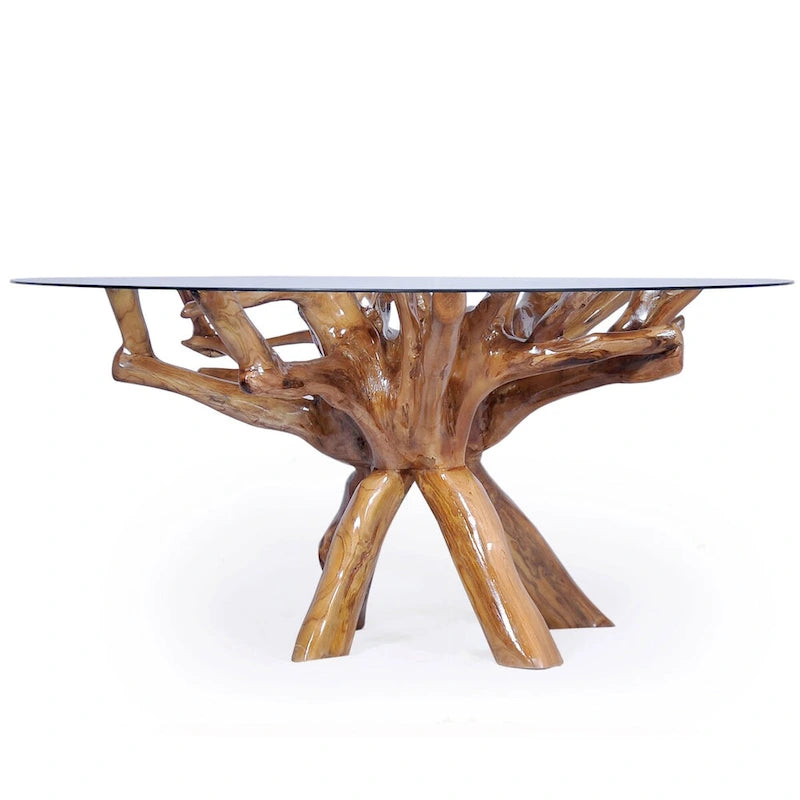 Chic Teak Rustic Teak Wood Root Dining Table Including a Round 48 Inch Glass Top