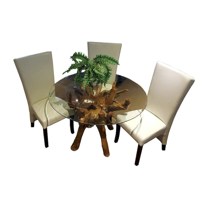 Chic Teak Rustic Teak Wood Root Dining Table Including a Round 48 Inch Glass Top