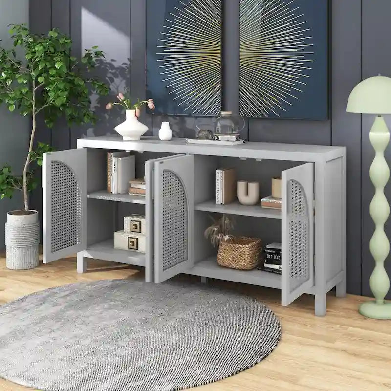 Sideboard with Artificial Rattan Door and Metal Handles for Living Room and Entryway