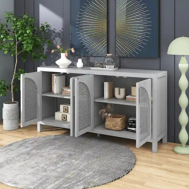 Sideboard with Artificial Rattan Door and Metal Handles for Living Room and Entryway