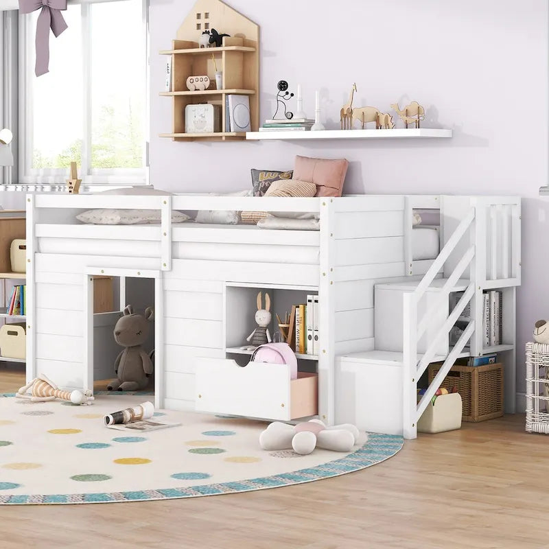 White Low Loft Bed with Drawers & Stairway