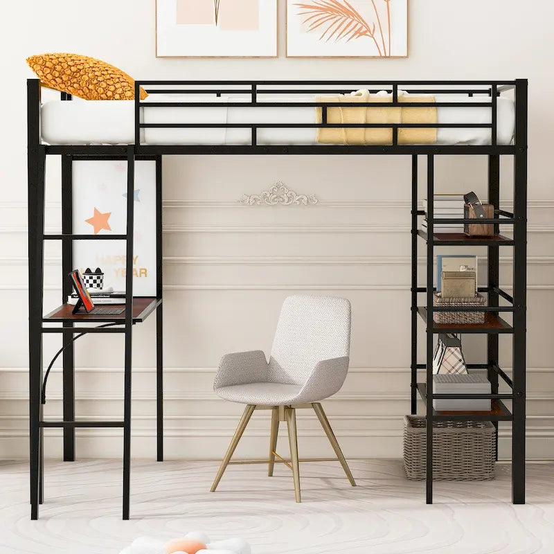 Twin Size Loft Metal Bed with 3 Layers of Shelves and Desk