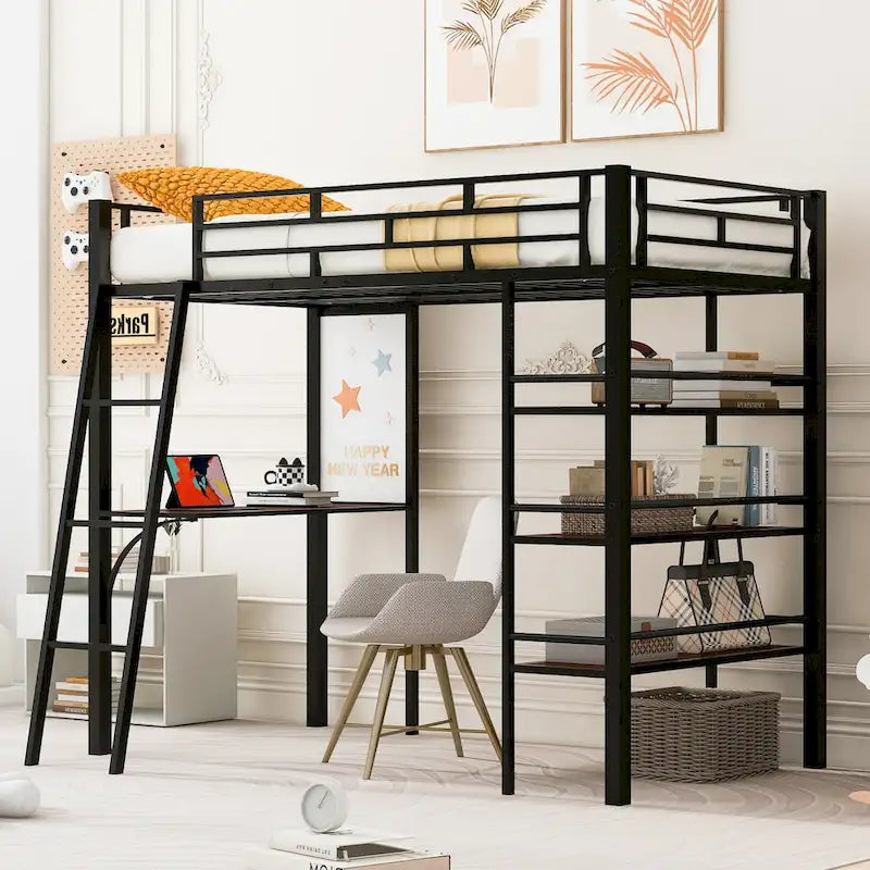 Twin Size Loft Metal Bed with 3 Layers of Shelves and Desk