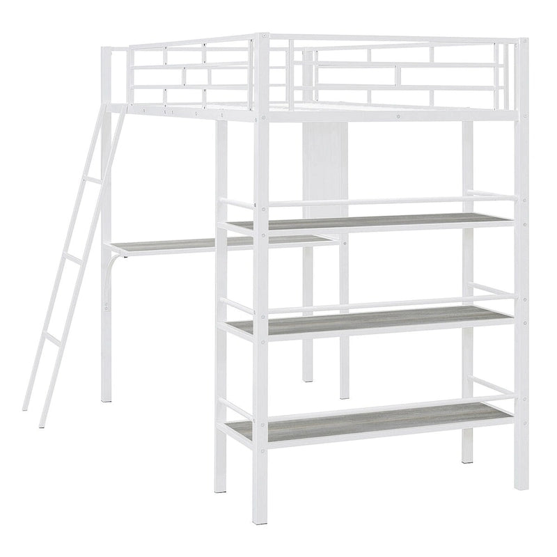 Twin Size Loft Metal Bed with 3 Layers of Shelves and Desk
