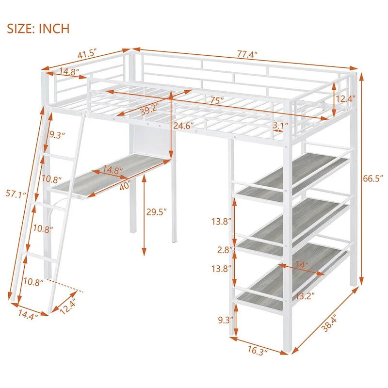 Twin Size Loft Metal Bed with 3 Layers of Shelves and Desk