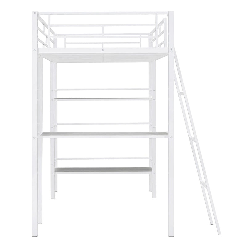 Twin Size Loft Metal Bed with 3 Layers of Shelves and Desk