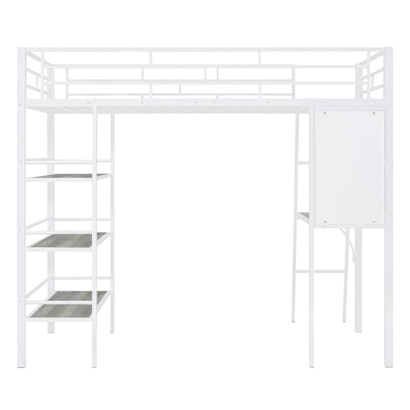 Twin Size Loft Metal Bed with 3 Layers of Shelves and Desk