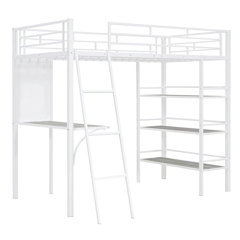 Twin Size Loft Metal Bed with 3 Layers of Shelves and Desk