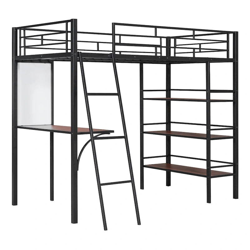 Twin Size Loft Metal Bed with 3 Layers of Shelves and Desk