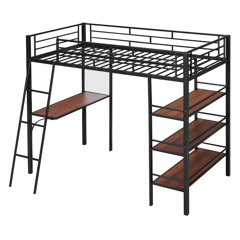 Twin Size Loft Metal Bed with 3 Layers of Shelves and Desk