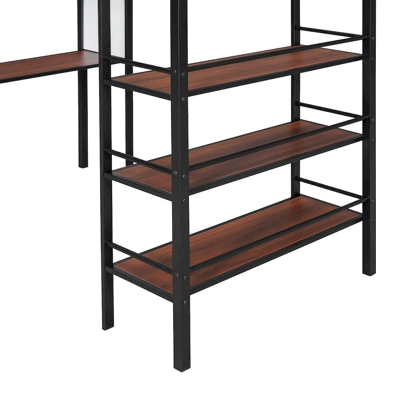 Twin Size Loft Metal Bed with 3 Layers of Shelves and Desk