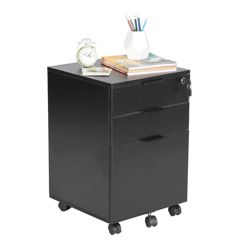 JJS 3 Drawer Rolling File Cabinet Wooden Storage with Lock & Wheels