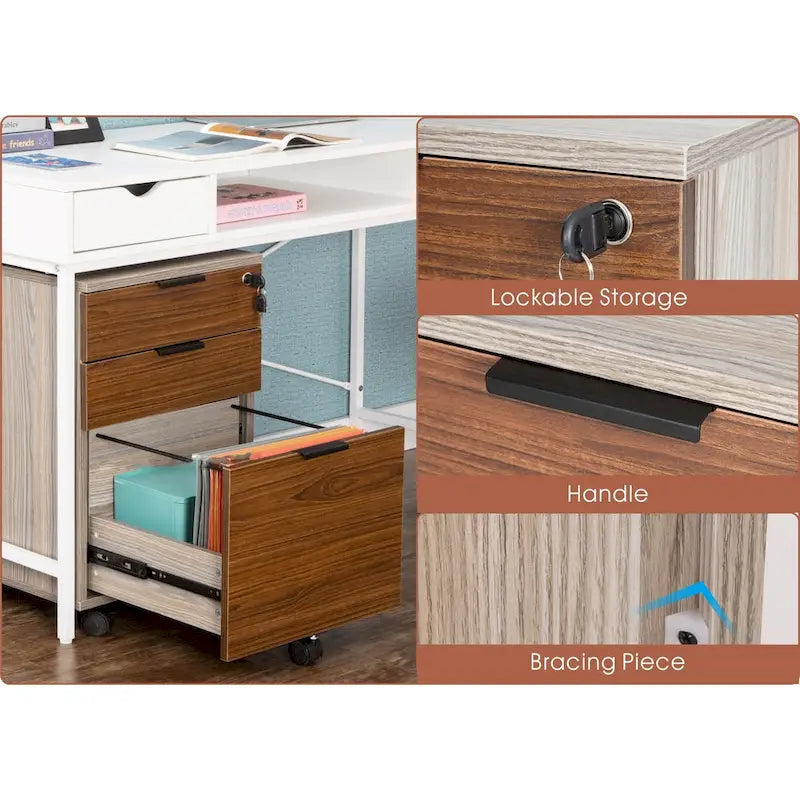 JJS 3 Drawer Rolling File Cabinet Wooden Storage with Lock & Wheels
