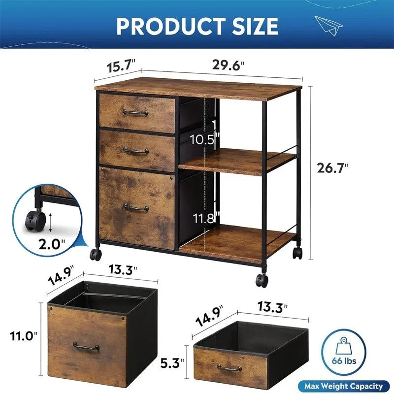 3 Drawer Mobile File Cabinet - 15.75D x 29.53W x 26.77H