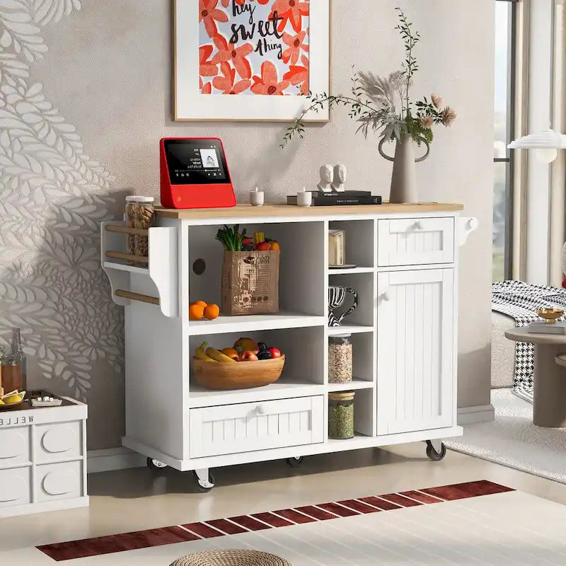 Rubberwood Kitchen Cart with Drop Leaf, Microwave storage rack, Exterior Shelves, and 2 drawers