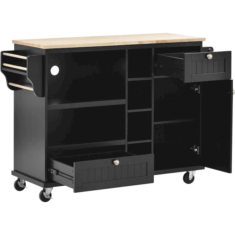 Rubberwood Kitchen Cart with Drop Leaf, Microwave storage rack, Exterior Shelves, and 2 drawers