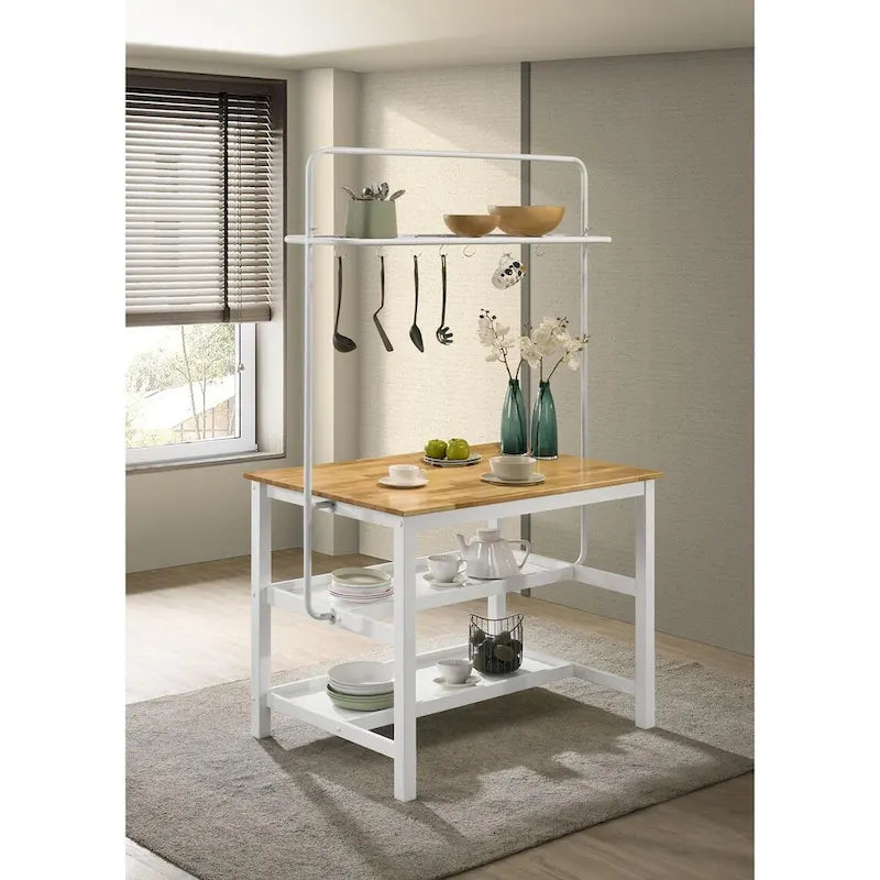 Prager Brown and White Kitchen Island Counter Table with Pot Rack