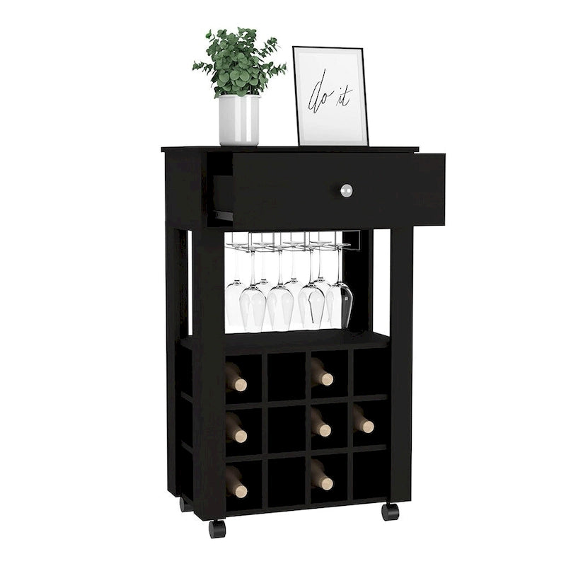 Bar Cart , Twelve Wine Cubbies, Four Legs, Black Wengue Finish