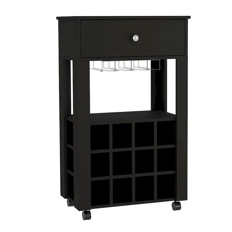 Bar Cart , Twelve Wine Cubbies, Four Legs, Black Wengue Finish