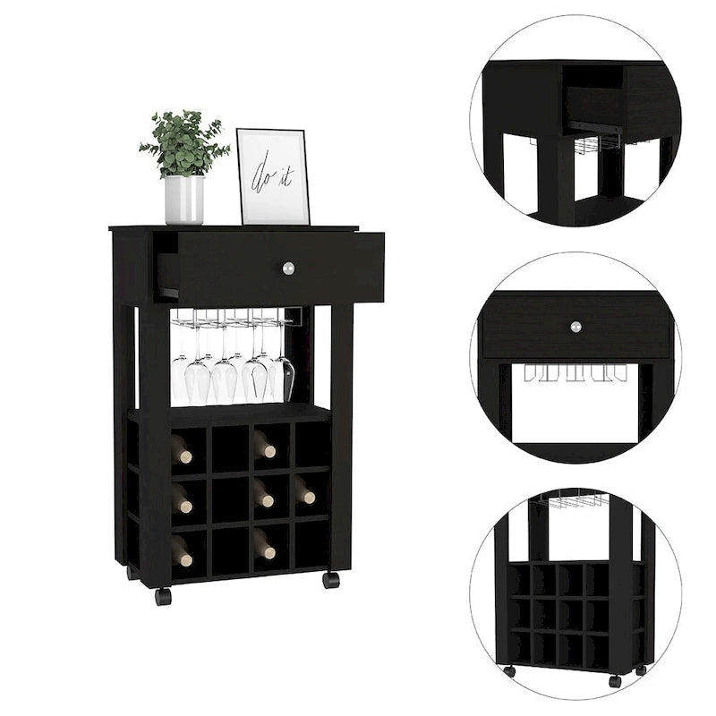 Bar Cart , Twelve Wine Cubbies, Four Legs, Black Wengue Finish