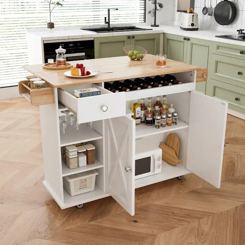44 Inch Kitchen Island Cart with Solid Wood Top,Spice Rack,Wine Glass Holder,Rolling Table on Wheels,Tool-Free Installation