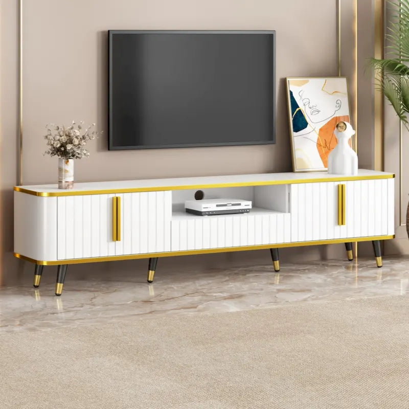 Luxury Minimalism TV Stand with Open Storage Shelf for TVs Up to 85, Entertainment Center with Cabinets and Drawers