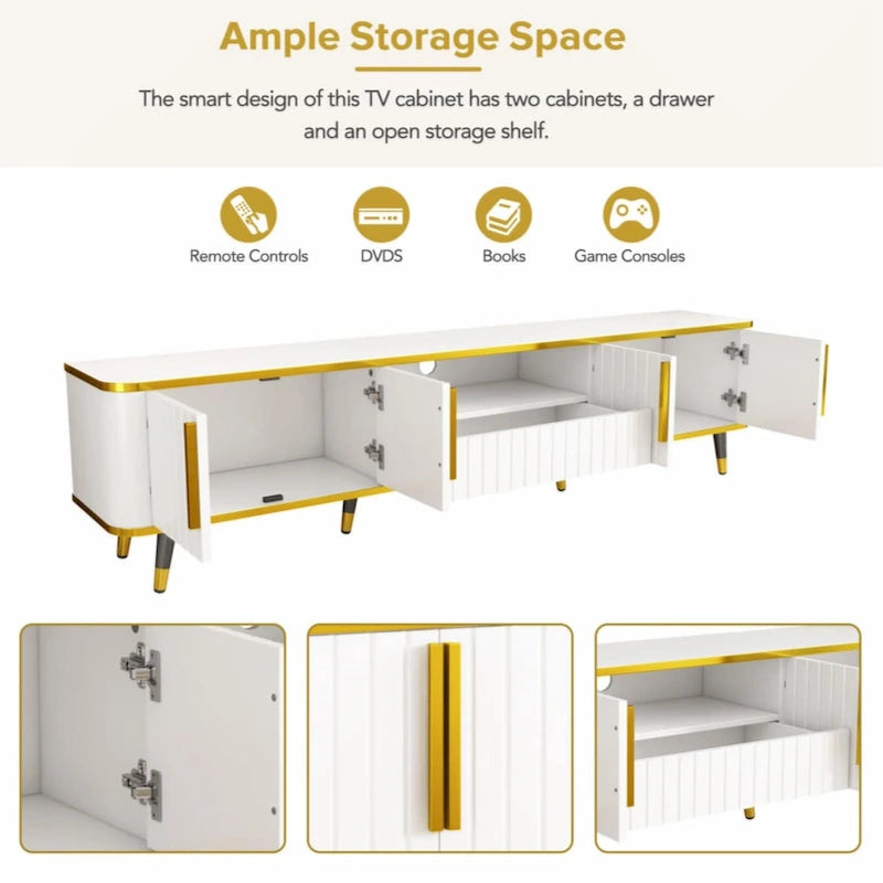 Luxury Minimalism TV Stand with Open Storage Shelf for TVs Up to 85, Entertainment Center with Cabinets and Drawers