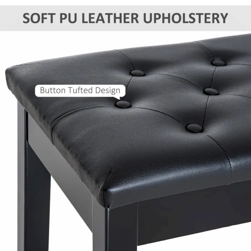 Duet Piano Chair with Faux Leather Padded Cushion and Wooden Frame, Button Tufted Keyboard Bench, Black
