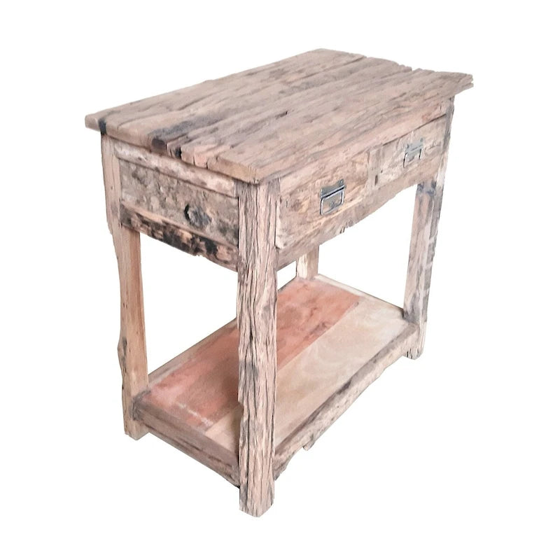 32 Inch Rustic Kitchen Island Table, 2 Drawers, Distressed White Wood