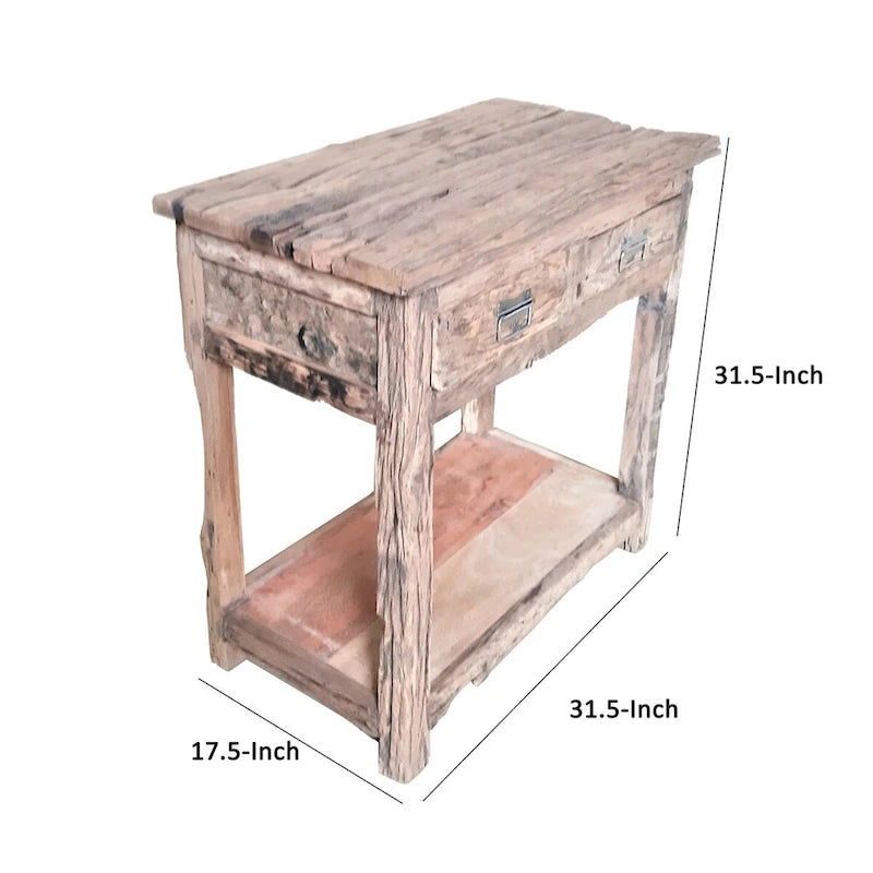 32 Inch Rustic Kitchen Island Table, 2 Drawers, Distressed White Wood