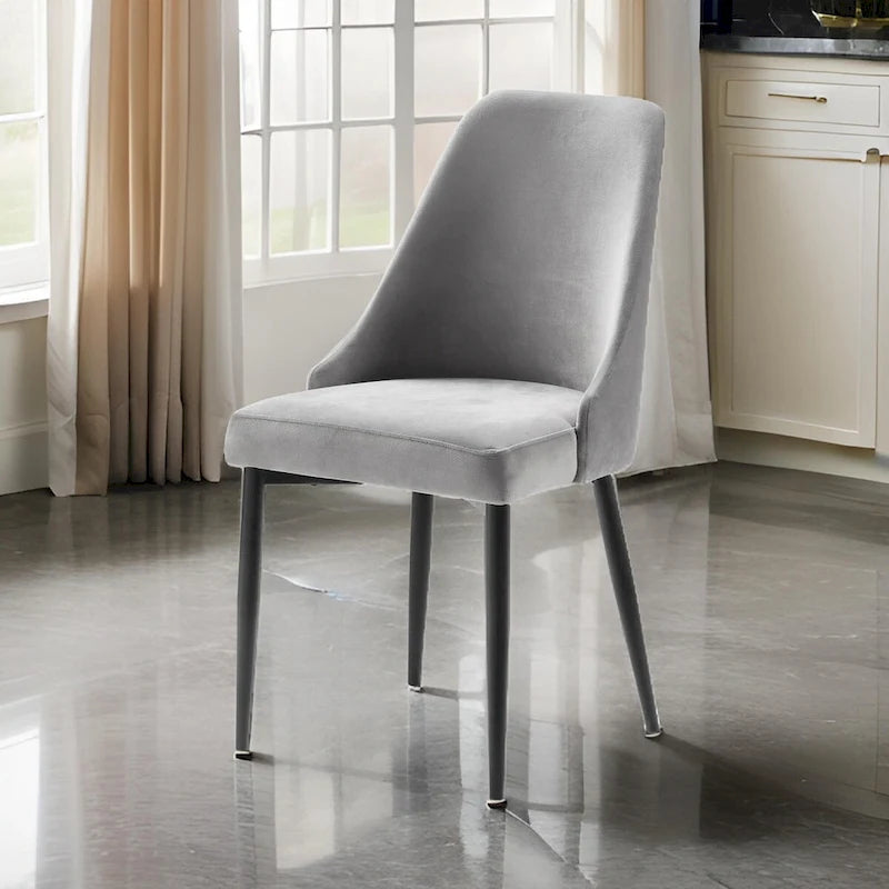 Gene 19 Inch Side Dining Chairs Set of 2, Tall Curved Back, Gray Velvet, Black Metal