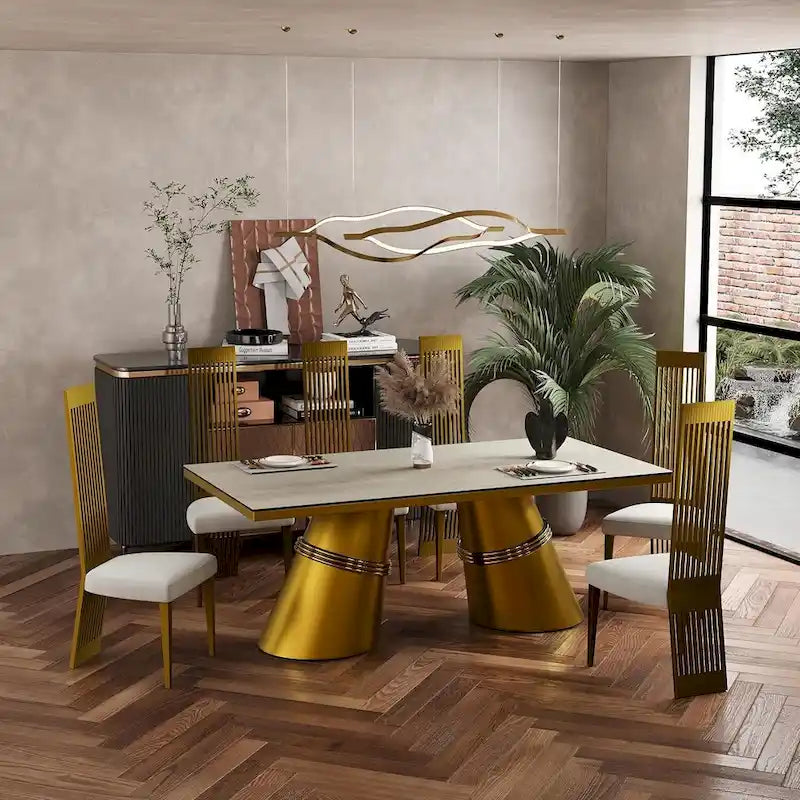 Brushed Gold Dining Table with 78 inch Glass Top and Tapered Barrel Base