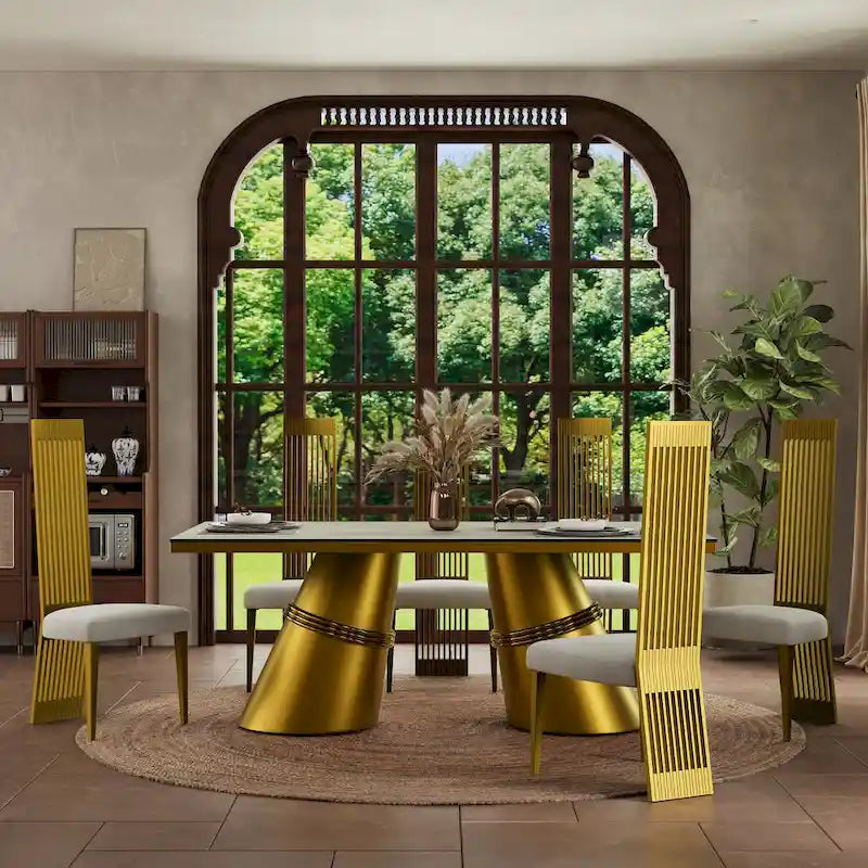 Brushed Gold Dining Table with 78 inch Glass Top and Tapered Barrel Base